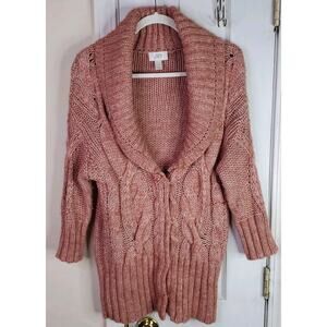 Ann Taylor Loft Chunky Cable Knit Pink Snap Button Cardigan Wool Sweater Small